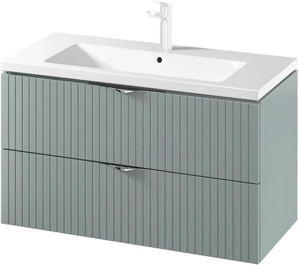VBChome Waschtisch mit Unterschrank 100 cm Fiord Fronten mit Rillenstruktur Hängendes Badmöbel Set mit 2 Soft-Close Schubladen Keramik Waschbecken