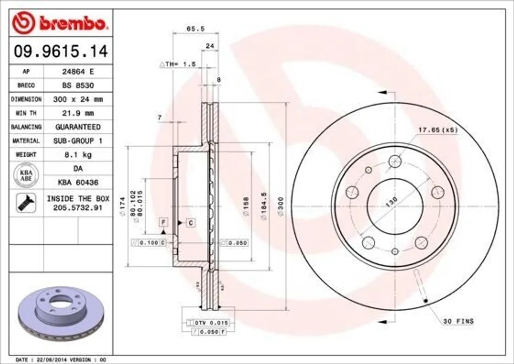 Disque de frein Brembo 09.9615.14 pour Peugeot Boxer et OE 4246K2