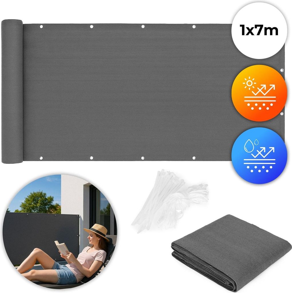 Balkonsichtschutz mit Beschlägen 100x700 cm Schattiergewebe + Montagezubehör Grau MultiGarden