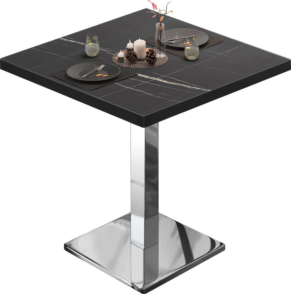 BM | Bistrotisch | B:T:H 80 x 80 x 75 cm | Schwarz Marmor / Edelstahl | Quadratisch | Schwarzer Rand | Bistro Tisch Esstisch