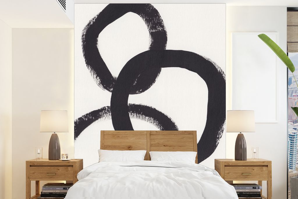 MuchoWow Fototapete für Wohnzimmer oder Schlafzimmer Wandtapete Vinyl Motivtapete Abstrakt - Formen - Schwarz - Kreise - 165x220 cm - Wanddekora...