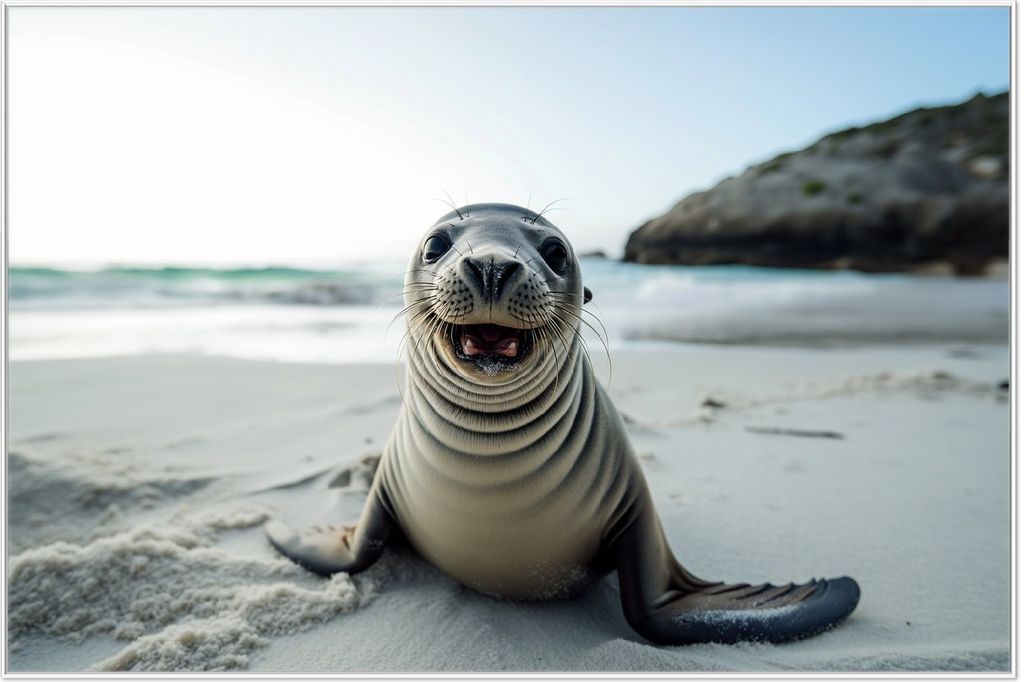 Wallario Wandbild Robbe am Strand, Größe: 61 x 91,50 cm, Poster mit weißem Aluminiumrahmen