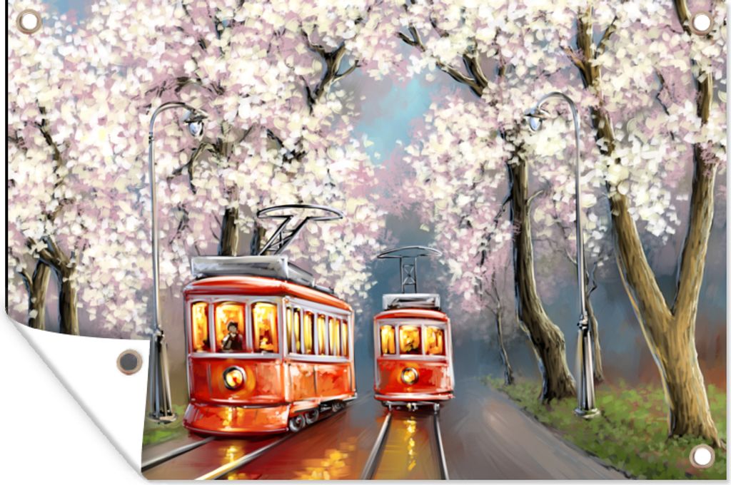 MuchoWow 60x40 cm Outdoor-Poster Gartendeko Sichtschutz Garten Poster für den Garten Gemälde - Ölgemälde - Straßenbahn - Blühender Baum