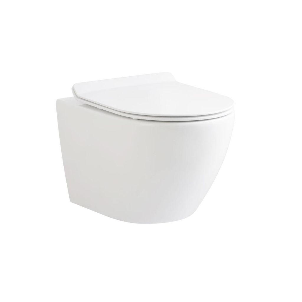 BELVIT Wand WC randlos, Weiß glänzend, D-Form & 49 cm verkürzt - Hänge-Toilette spülrandlos mit Duroplast Soft-Close WC-Sitz abnehmbar