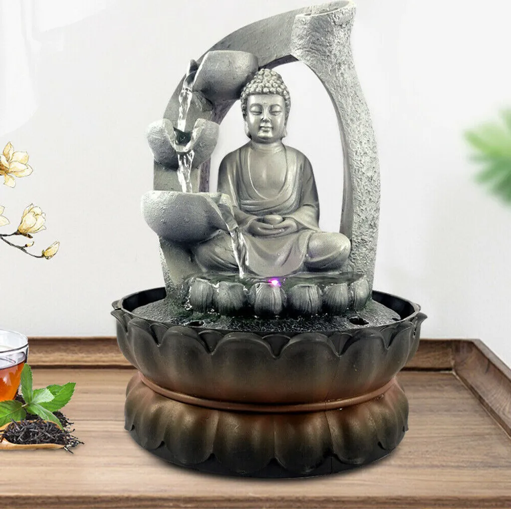 Fontaine de table Bouddha décorative Zen pour salon avec cascade LED
