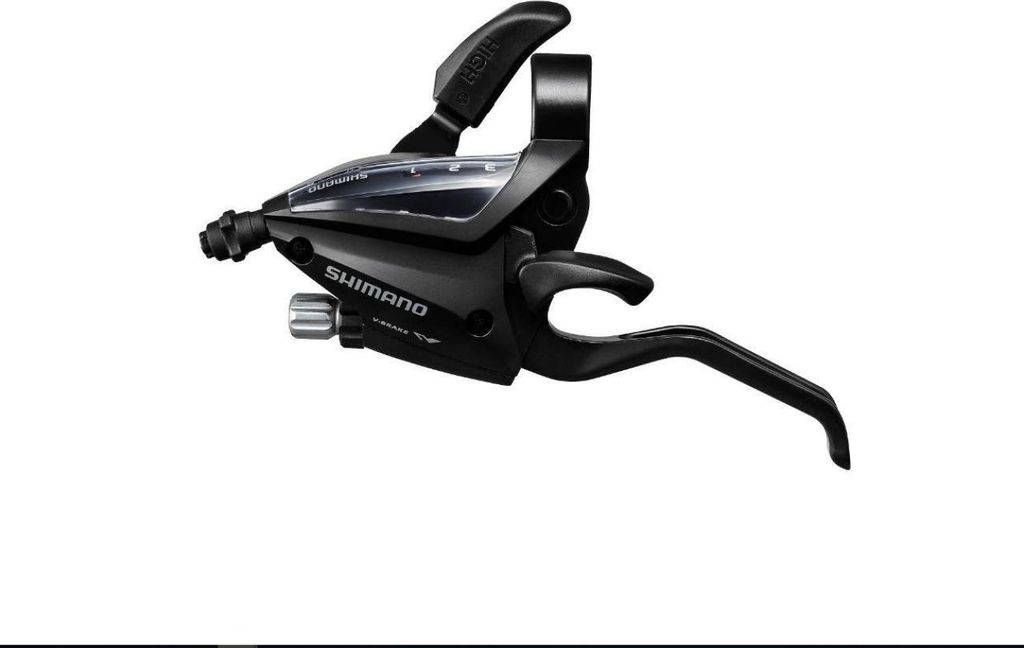 A black bicycle brake and shifter lever assembly is shown against a white background.