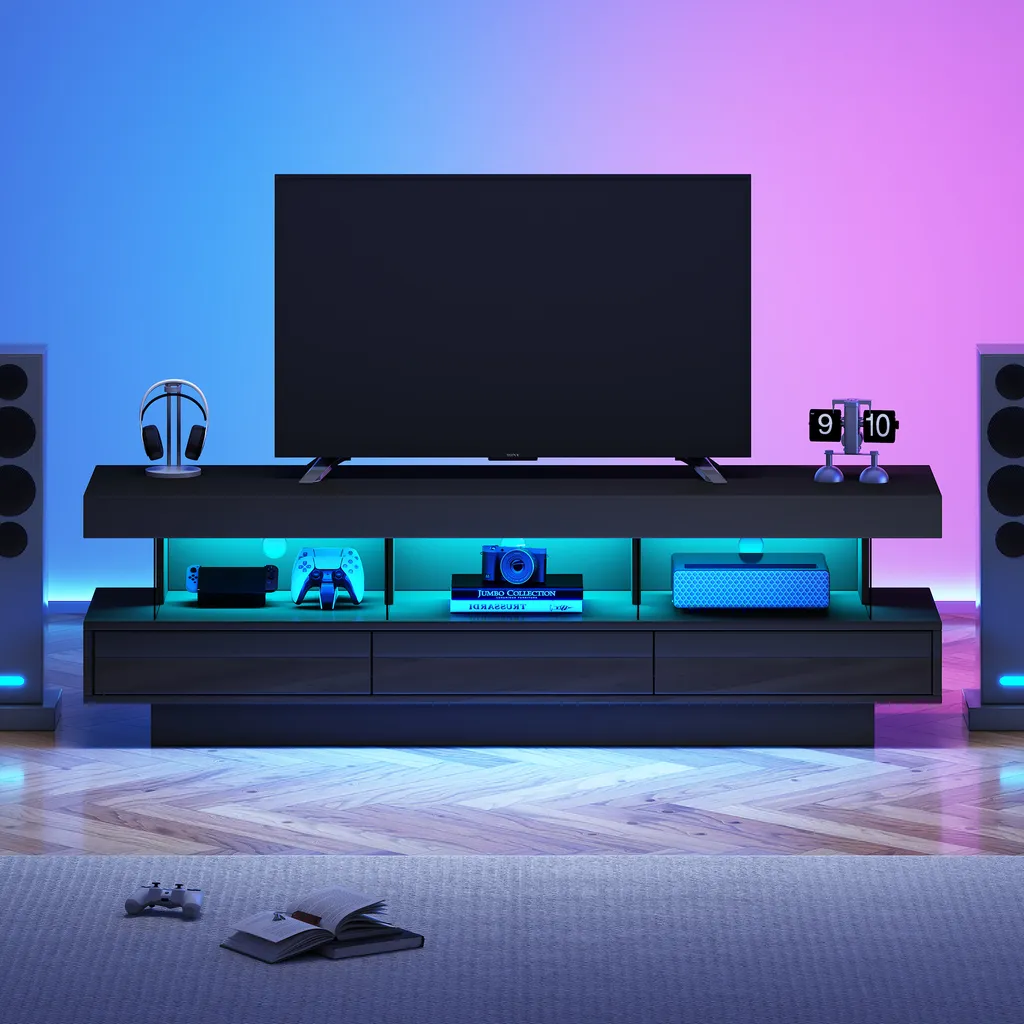 Merax Meuble TV Noir Brillant avec LED et Tiroirs - Lowboard 160cm