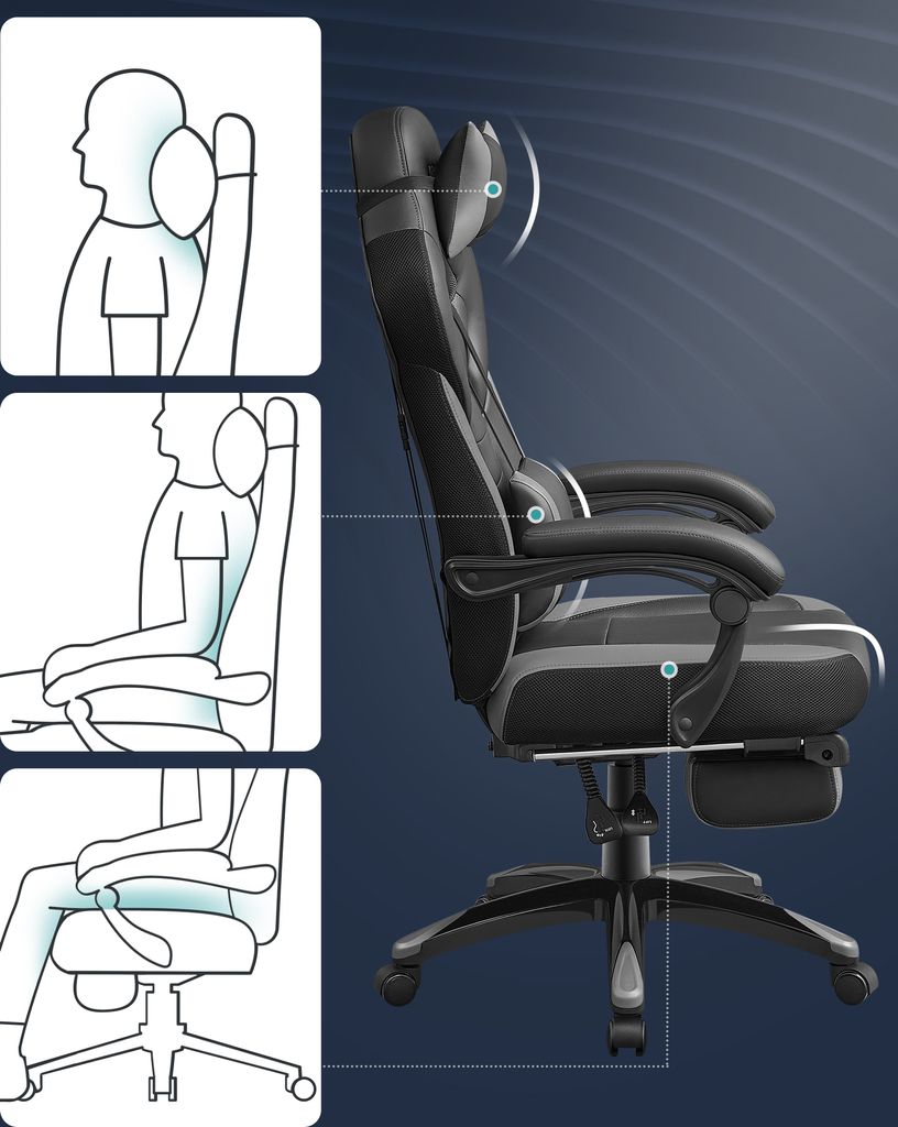 SONGMICS Gaming-Stuhl, Bürostuhl, höhenverstellbar, Grau Produktbild 9