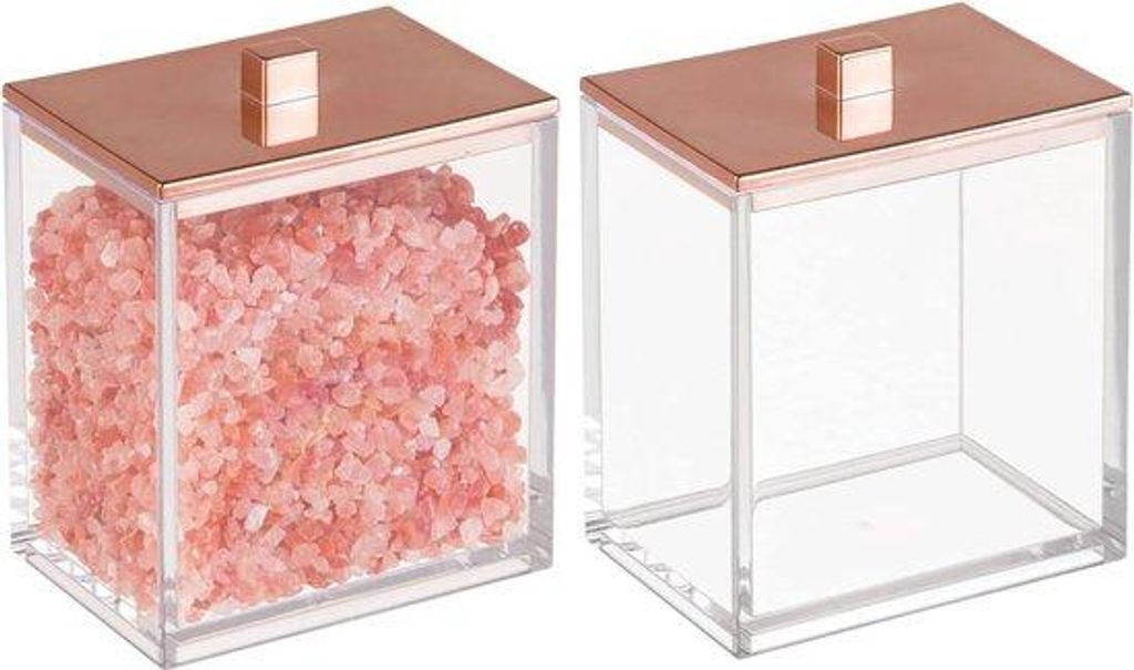 2er Set Kunststoff-Dispenser für Wattenschijfchen und Wattenstaabchen - moderner Badkamer-Accessoire mit klappbarem Deckel - Transparenz/Rosé-Gold