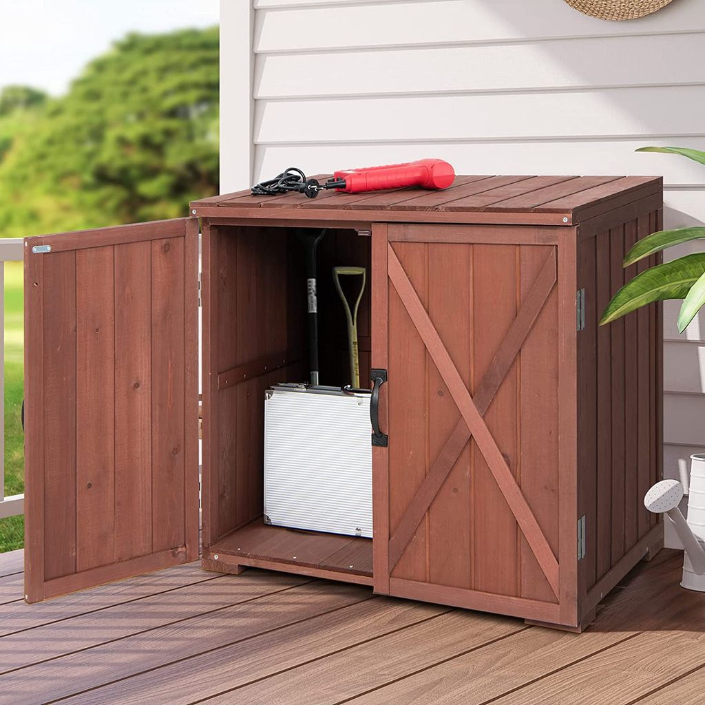 Gartenschrank Holz, Werkzeugschrank mit mit Doppeltüren & Griffen, Lagerschrank mit Arbeitsplatte, Geräteschuppen für Hinterhof & Garten, 77 x 5...