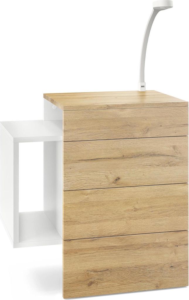 Vladon Nachttisch Queens, Germany, Nachttischschrank mit 2 Schubladen und 1 seitlichem Fach zur Wandmontage, Weiß matt/Eiche Natur, inkl. LED Flex...