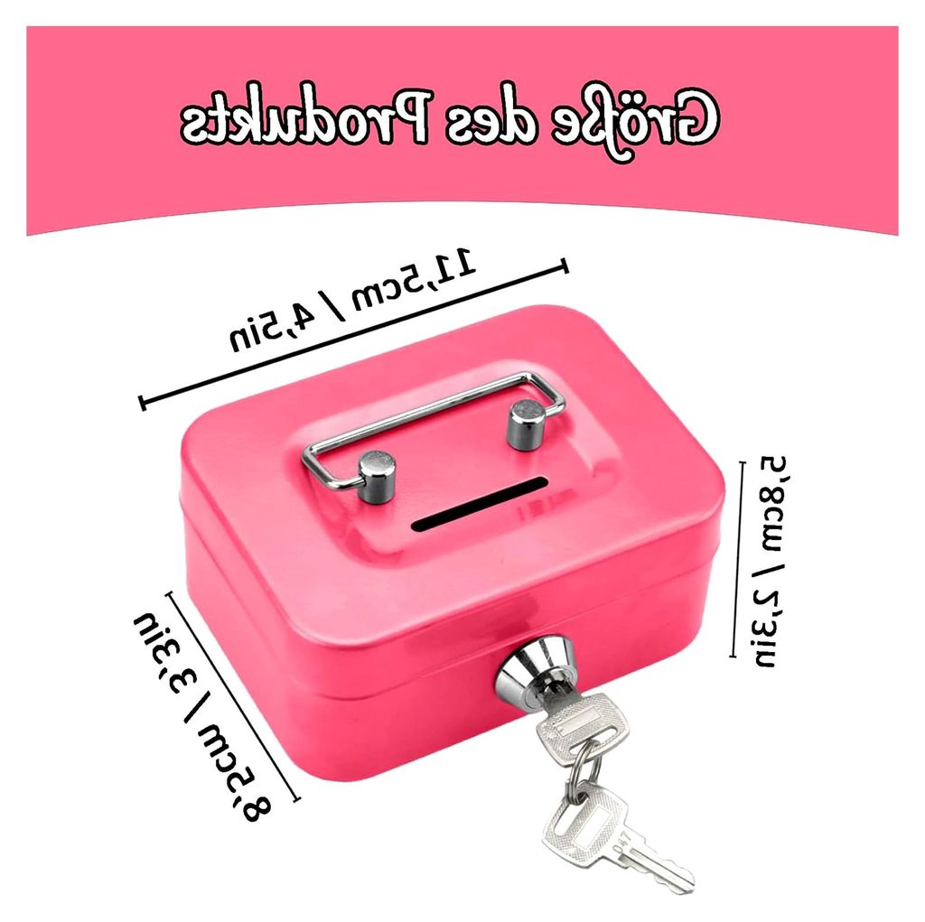 Kleine Geldkassette, abschließbar mit Schlüssel, 11,5 x 8,5 x 5,8 cm, Metallschließfach mit Tastensperre, rosa
