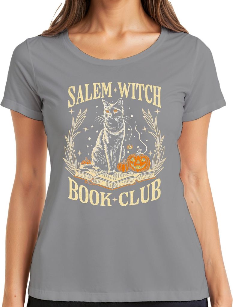 Salem Witch Book Club Katze Kürbis Halloween Magie Vintage Retro Damen T-Shirt, Grau, 3XL