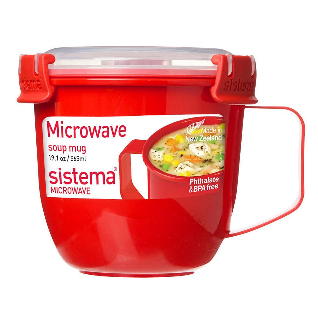 A red Sistema microwave soup mug with a clear lid and a white label.