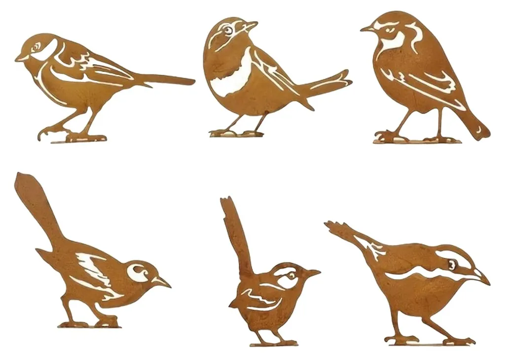 Ornement de jardin en métal : 6 silhouettes d'oiseaux rouillés à visser