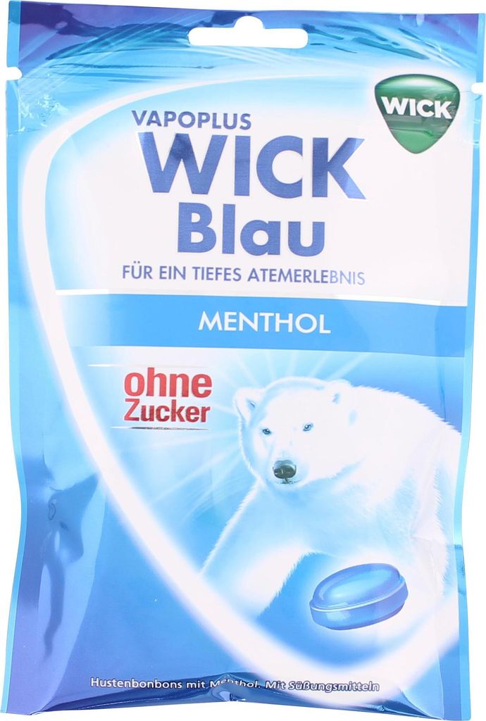 WICK Blau Menthol zuckerfreie Halsbonbons mit reinem Produktbild 