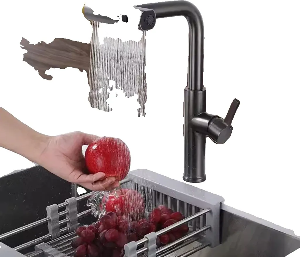 Robinet de cuisine extractible noir pour évier, jet cascade et inox