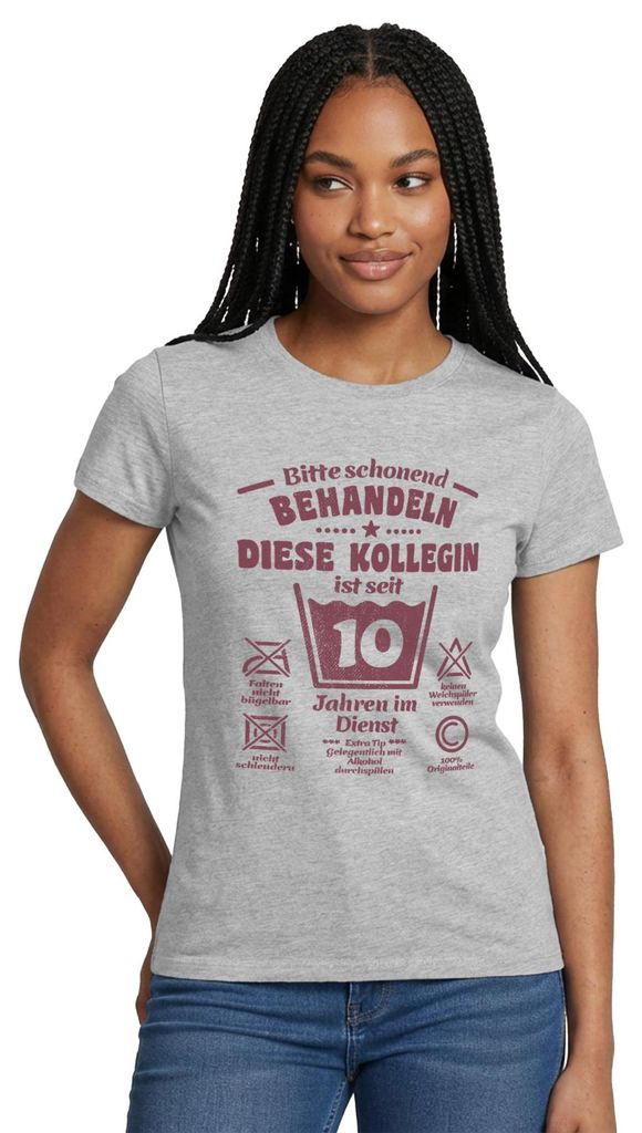 Spreadshirt Kollegin 10 Jahre Dienst | Schonend Behandeln Dienstjubiläum Frauen T-Shirt, L, Grau meliert