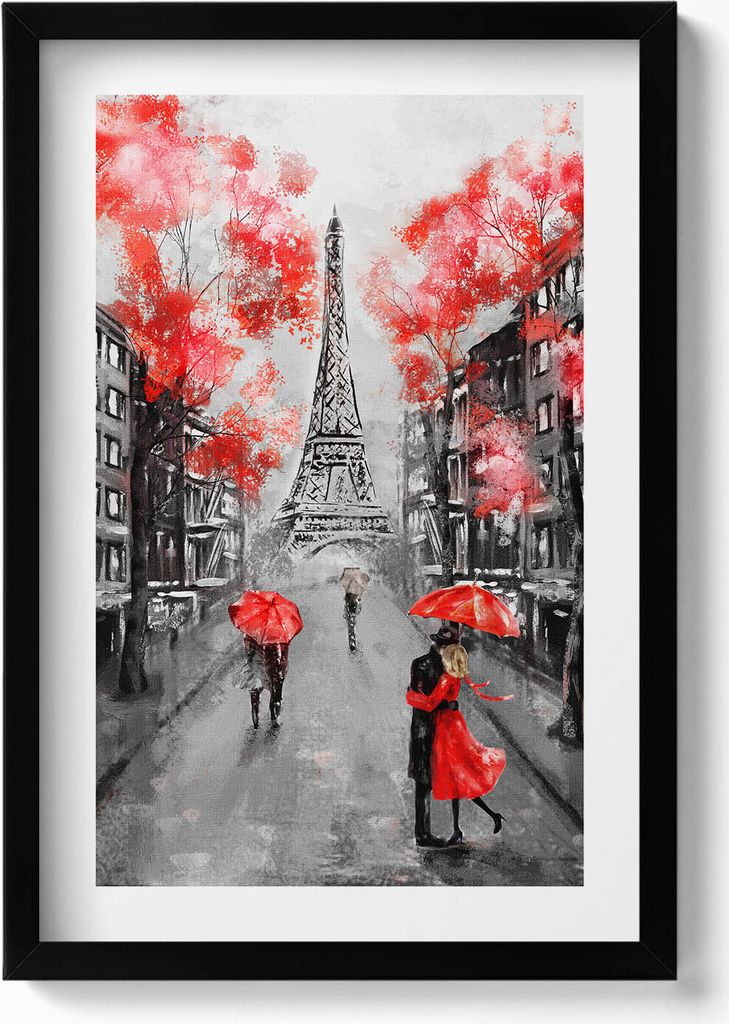 Paris - Eiffelturm und rote Regenschirme– Wandbild mit Rahmen – Gerahmtes Bild – Wanddekoration – 40x60 cm – Schwarz