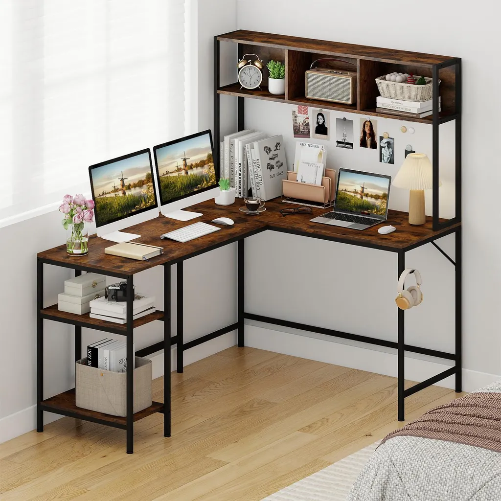 Optimisez votre Petit Espace avec ce Bureau d'Angle avec Rangement Brun - 2