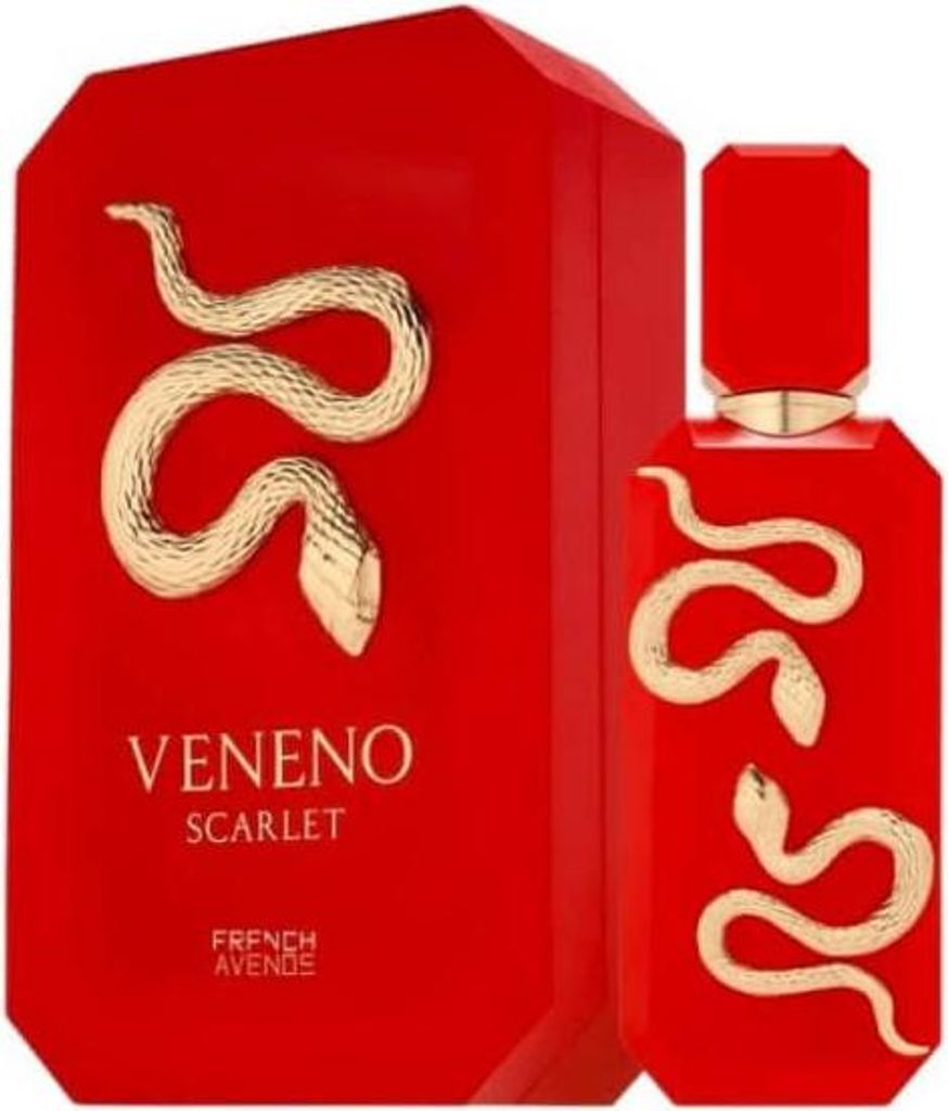 A red perfume bottle and its box, both decorated with a gold snake.