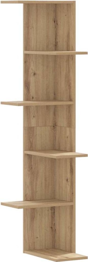 A tall, narrow corner shelf unit with a wood grain finish.