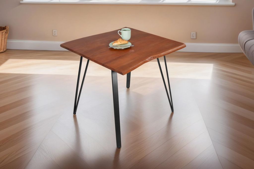 Baumkantentisch 80x80 cm Celia, Akazienholz nussbaumfarben + massiv, echte Baumkante, Esstisch aus Massivholz, Esszimmertisch mit Metallgestell Sch...