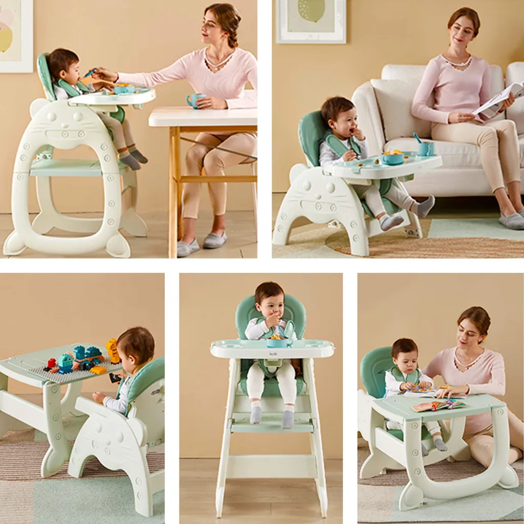 Chaise haute 4 en 1 harnais 5 points et tablette d'apprentissage - Vert