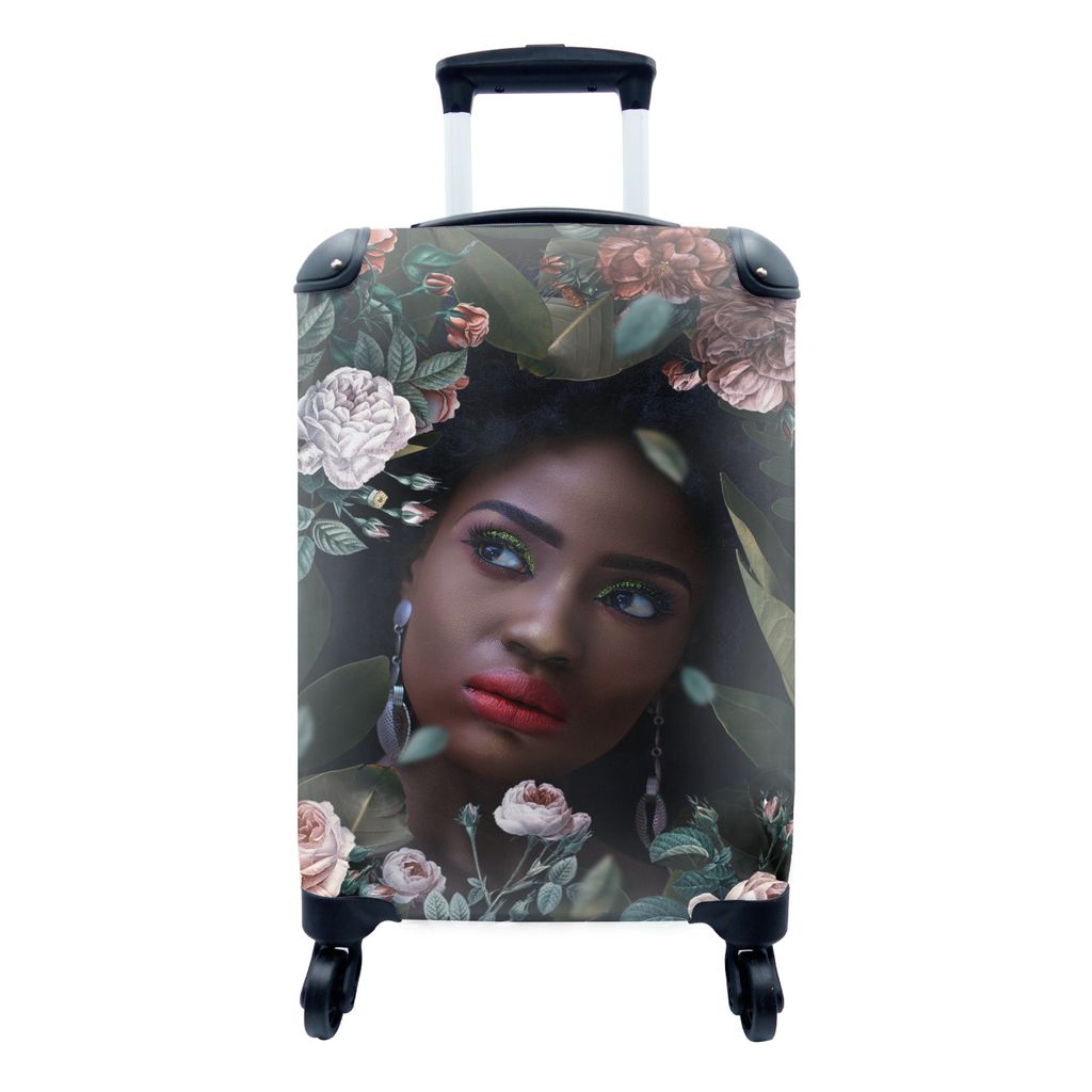 MuchoWow Koffer Handgepäck Trolley Rollkoffer Kleine Reisekoffer mit 4 Rollen - Frau - Blumen - Make-up - Cabin Size < 55x40x23 cm & 55x40x20 cm...