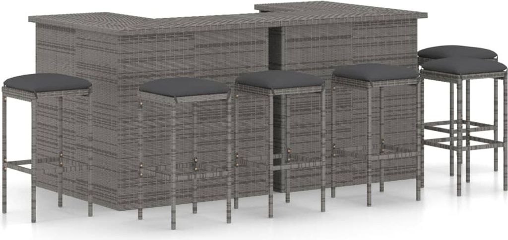 8-tlg. Gartenbar-Set mit Kissen Poly Rattan Grau