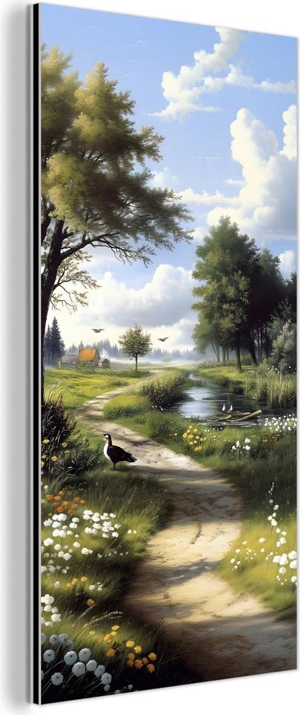 MuchoWow Wanddekoration Metall Metallbild Wandkunst 20x40 cm Sandiger Weg - Grüne Landschaft - Wasser MuchoWow Aluminium Gemälde - Aluminium Gem...