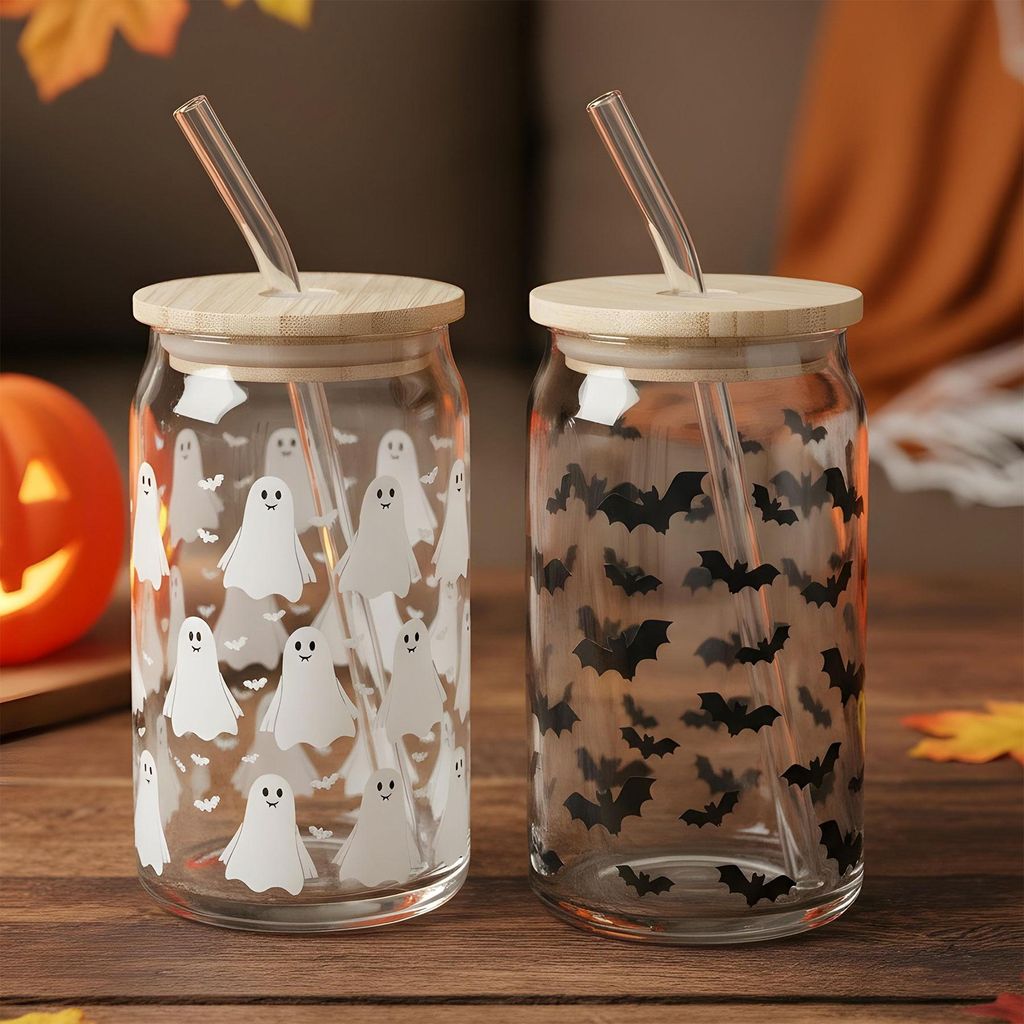2er Set Trinkglas 440ml Halloween Glas-Strohhalm Produktbild 