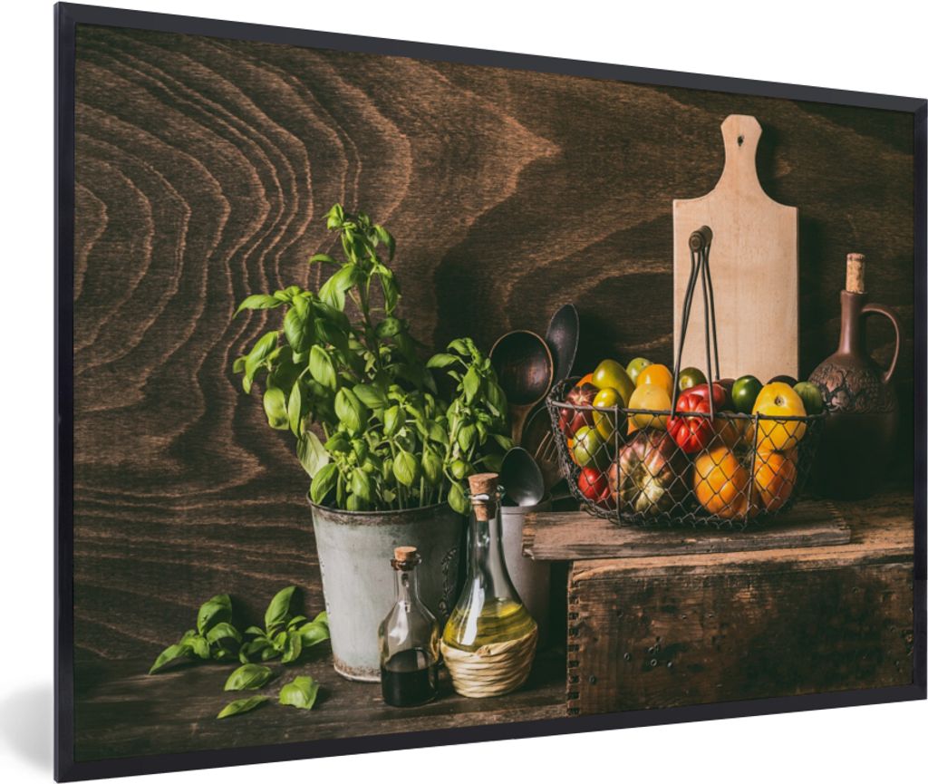 MuchoWow Gerahmtes Poster Gemüse - Kräuter - Rustikal - Stilleben - Basilikum 90x60 cm - Poster mit Schwarzem Bilderrahmen Wandposter Rahmen Fo...