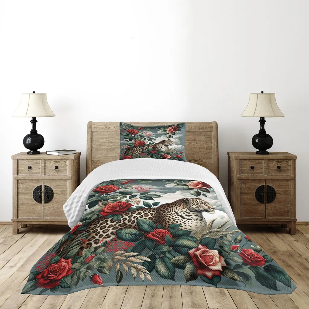 Copriletto ABAKUHAUS Leopard e Rose Rosse 170x220cm | Design Unico