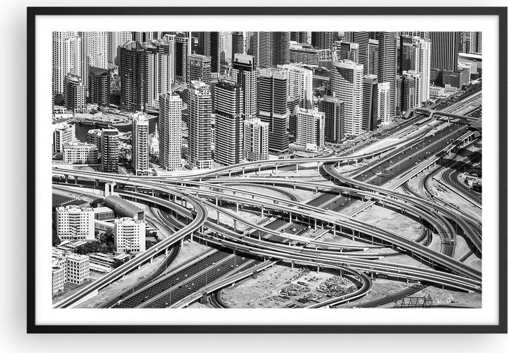 Gerahmtes Poster - Schwarzer Rahmen - Stadt Wolkenkratzer Autobahn - 91,5x61 cm - Wand Bild - Wanddeko - Wandbilder - Kunstposter - Wandposter - Bi...