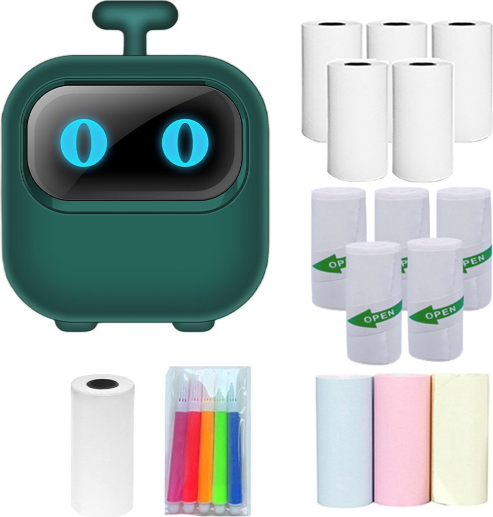 Mini-Drucker Thermodrucker Bluetooth Sofortfotodrucker Etikettendrucker mit 9 Papierrollen (57x26mm), 5 Etikettenrollen, 5 Markern - Grün