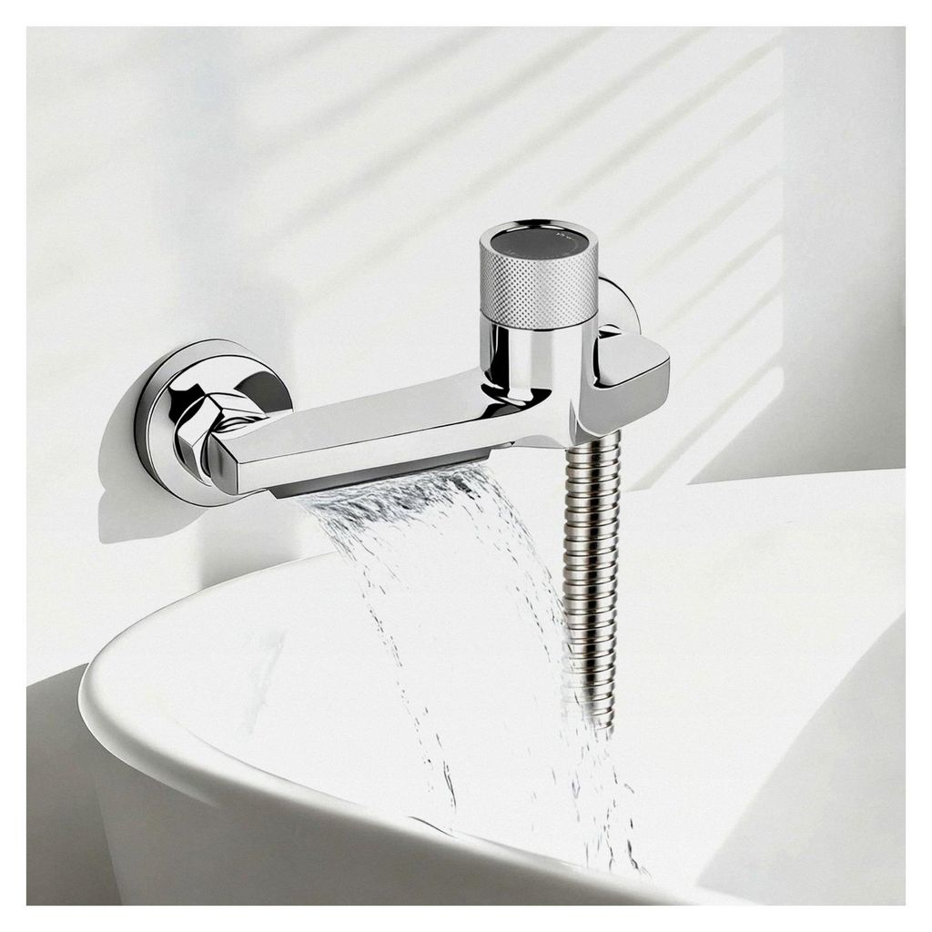 Wasserfall-Badewannenarmatur mit Thermostat und zwei Auslässen, Duscharmatur mit Sicherheitstaste, Mischbatterie für Wandmontage in Badewanne und...