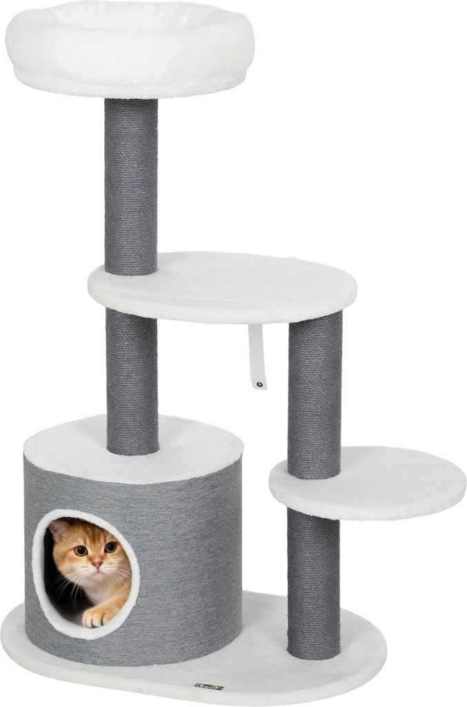 PawHut Kratzbaum 98 cm Katzenturm mit Höhle, Kratzstämme, 3 Plattformen, mehrstöckiger Katzenkratzbaum, Kletterbaum, für Katzen unter 4 kg, Gra...