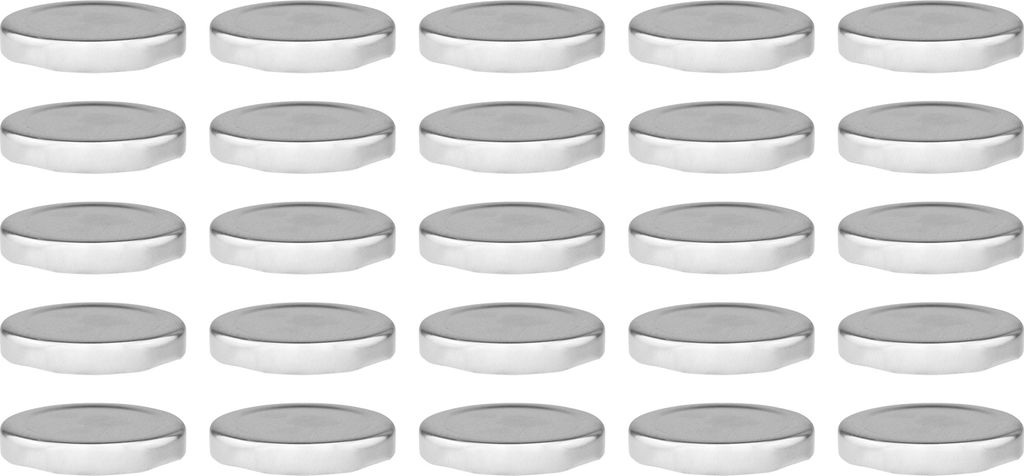 A grid of silver metal lids for jars.