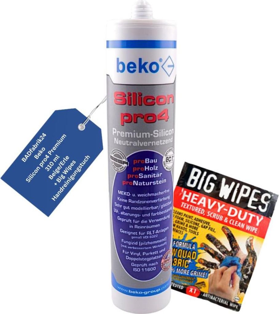 BADfabrik24 Beko Silicon pro4 Premium 310 ml BEIGE/ERLE + Big Wipes Handreinigungstuch