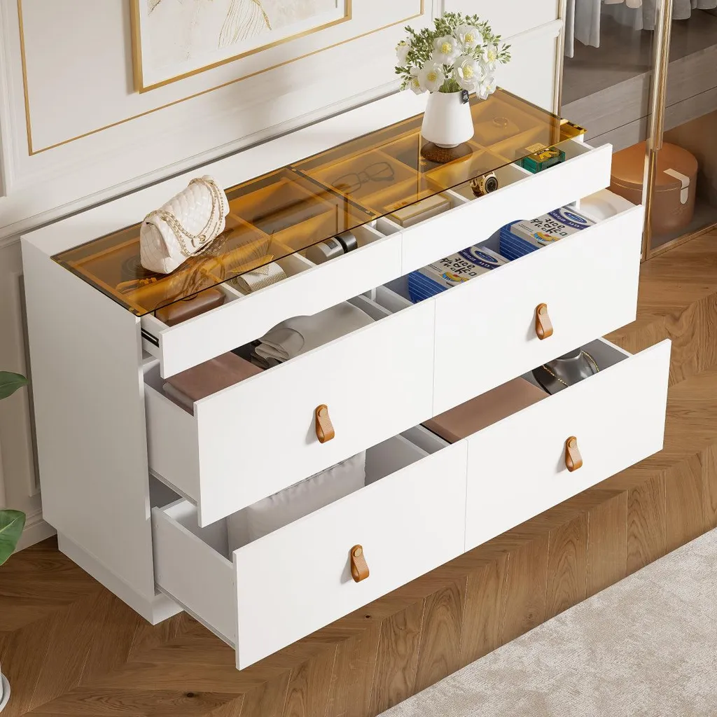 Buffet Haut Blanc avec Plateau Verre Trempé et 6 Tiroirs de Range