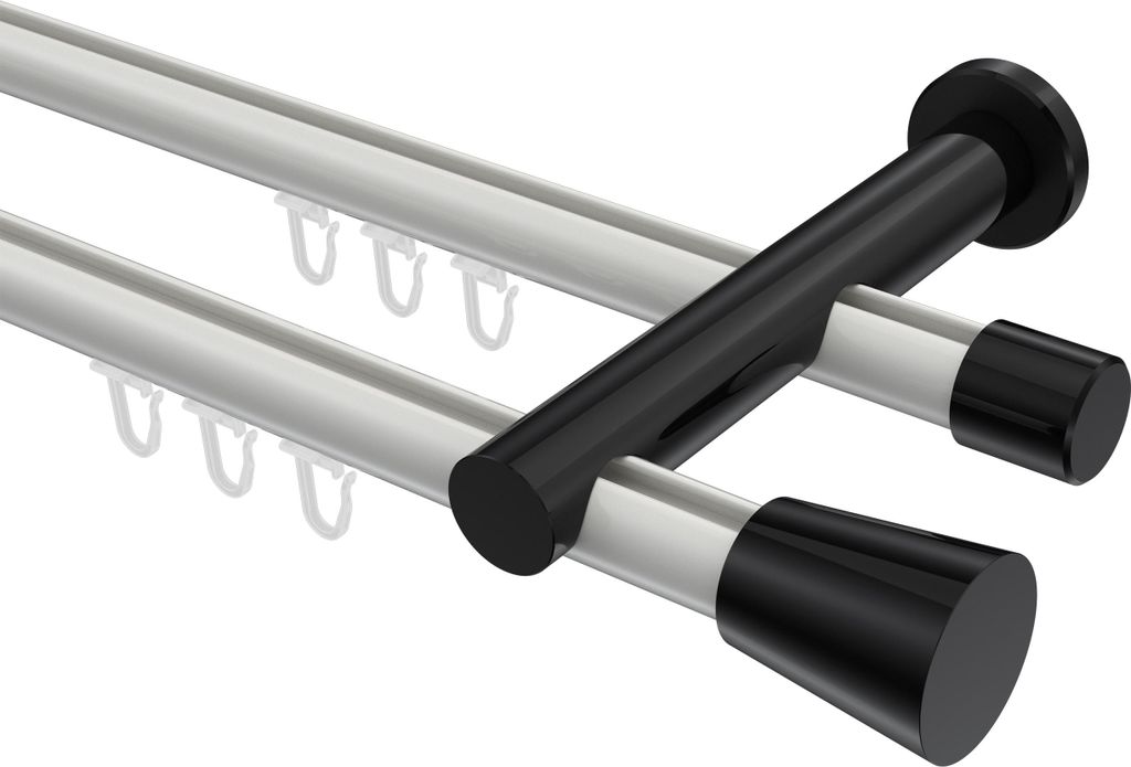 Interdeco Innenlaufstange / Gardinenstange mit Innenlauf Weiß / Schwarz, Typ Platon Sitra (Konus), 20 mm Ø 2-läufig, 520 cm