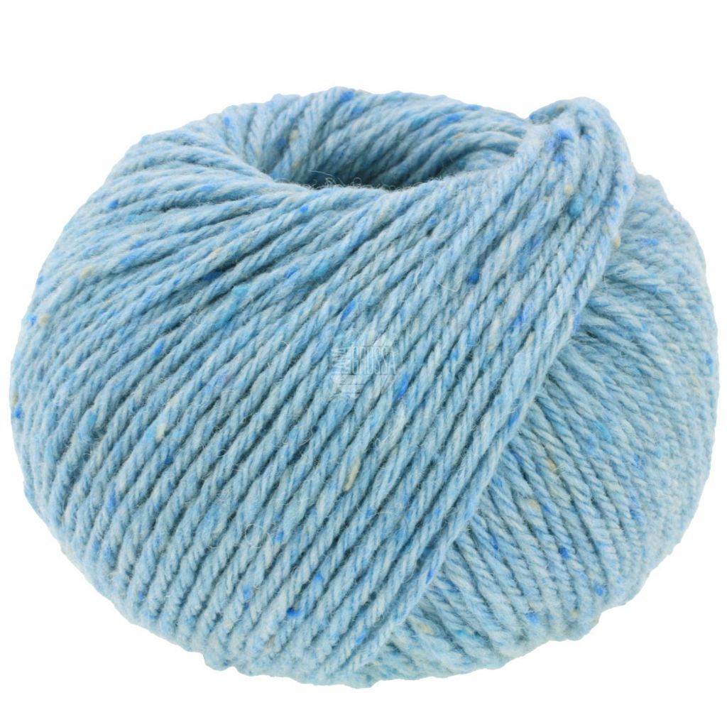 A ball of light blue yarn with flecks of white and yellow.