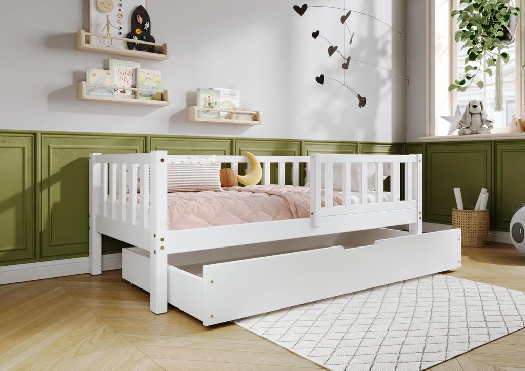 TIMBEE LENA Box Kinderbett Holz Bett mit Schublade - Weiß - 70x140cm