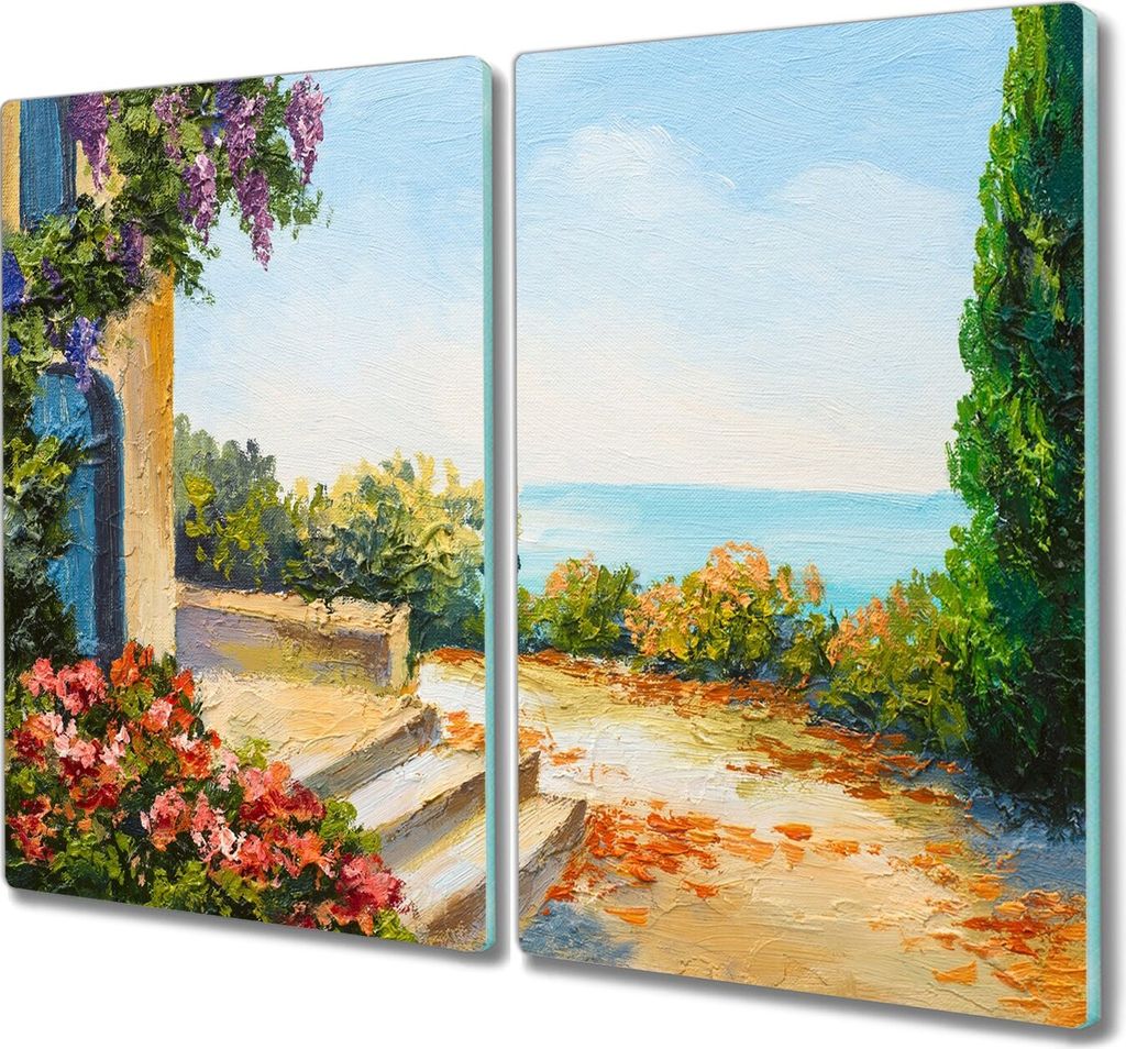 Coloray Schneidebrett Herdabdeckplatte 2x30x52 cm Kochplattenabdeckung Küchenbrett Hackbrett - Coast Seewolken Blumen