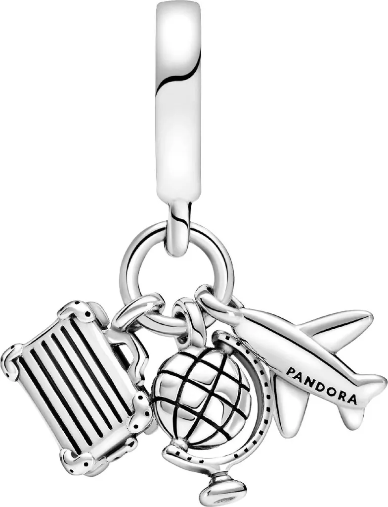 Charm Pandora Avion en Argent avec Globe Bleu et Valise Détaillée