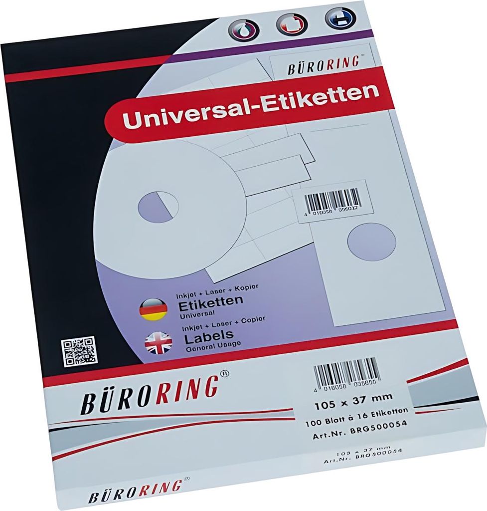 Büroring Etiketten, 105 x 37 mm, weiß, 1.600 Etiketten, lösungsmittelfrei, Inkjet-, Laserdrucker, Kopierer, 100 Blatt