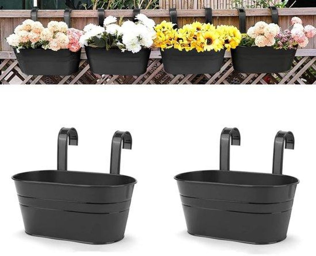 2 große hängende Metall-Blumentöpfe für Wandinstallation - innen und außen geeignet - für Zaun, Balkon, Garten, Hausdekoration - mit abnehmba...