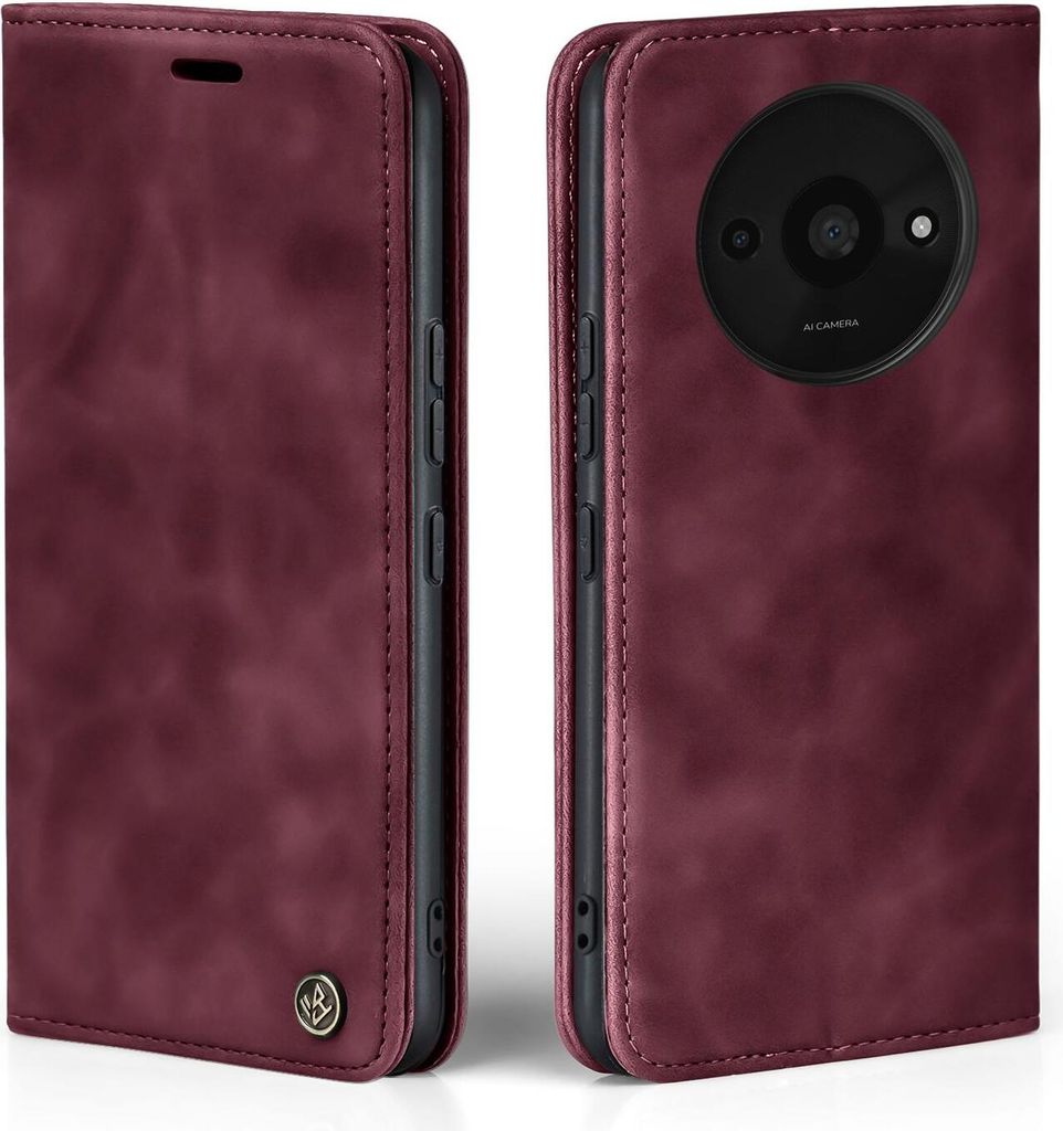 A burgundy flip-style phone case for a Xiaomi Redmi A3 is shown from two angles.