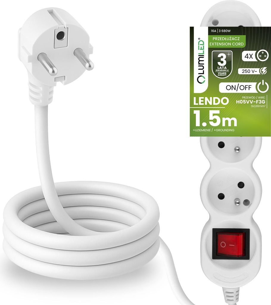 LUMILED Steckdosenleiste mit ON/OFF Schalter 4-Fach Steckdose Typ E, 1,5m Kabel H05VV-F3G, Weiß, Mehrfachsteckdose E Stecker 16A 3680W 250V IP20 H...